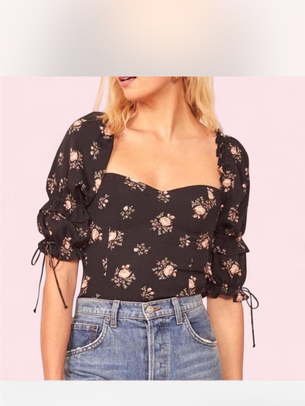 Reformation Black Floral Puff Sleeve Top